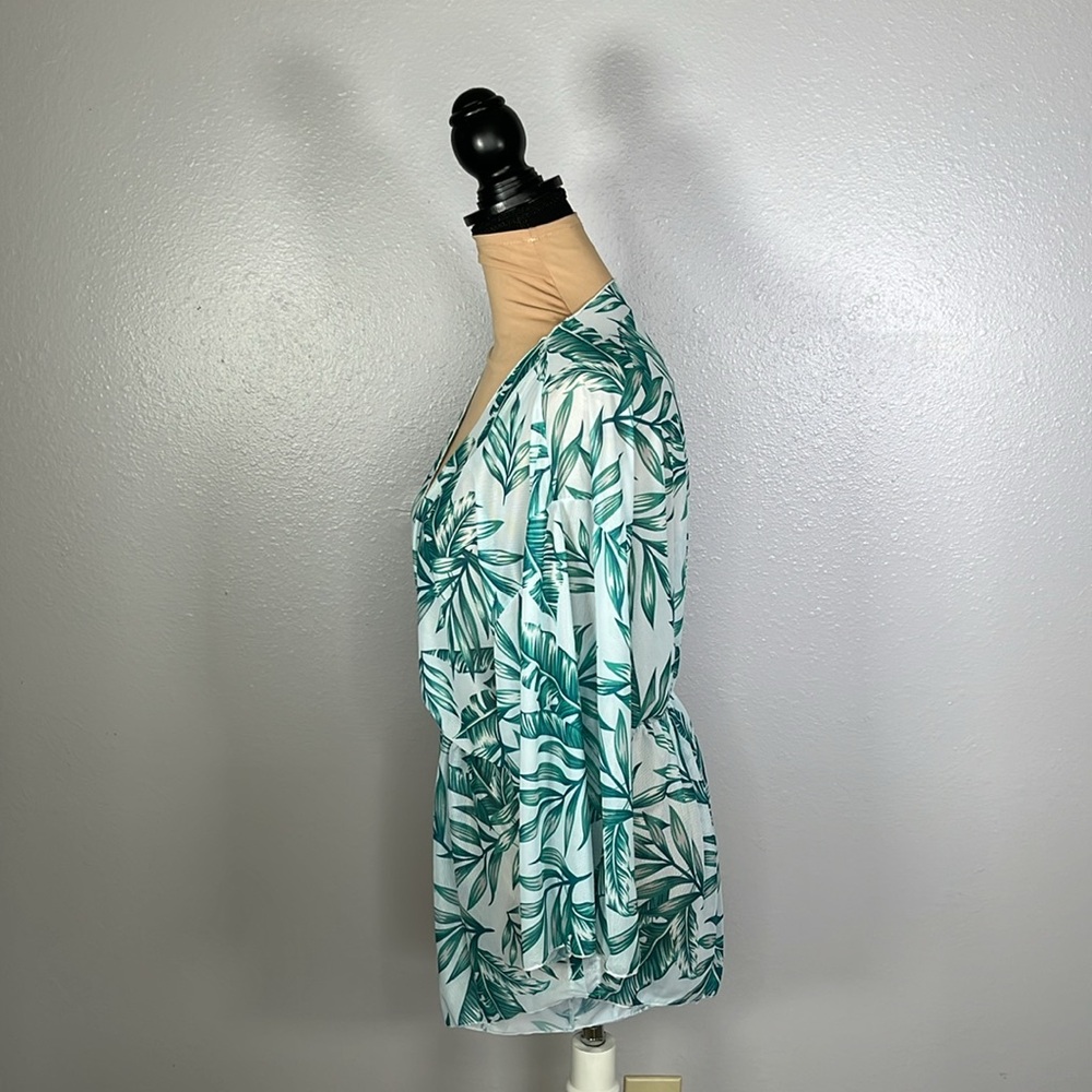 tropical leaf print mesh plunge swimsuit cover up romper L | Miami resortwear - Picture 3 of 9